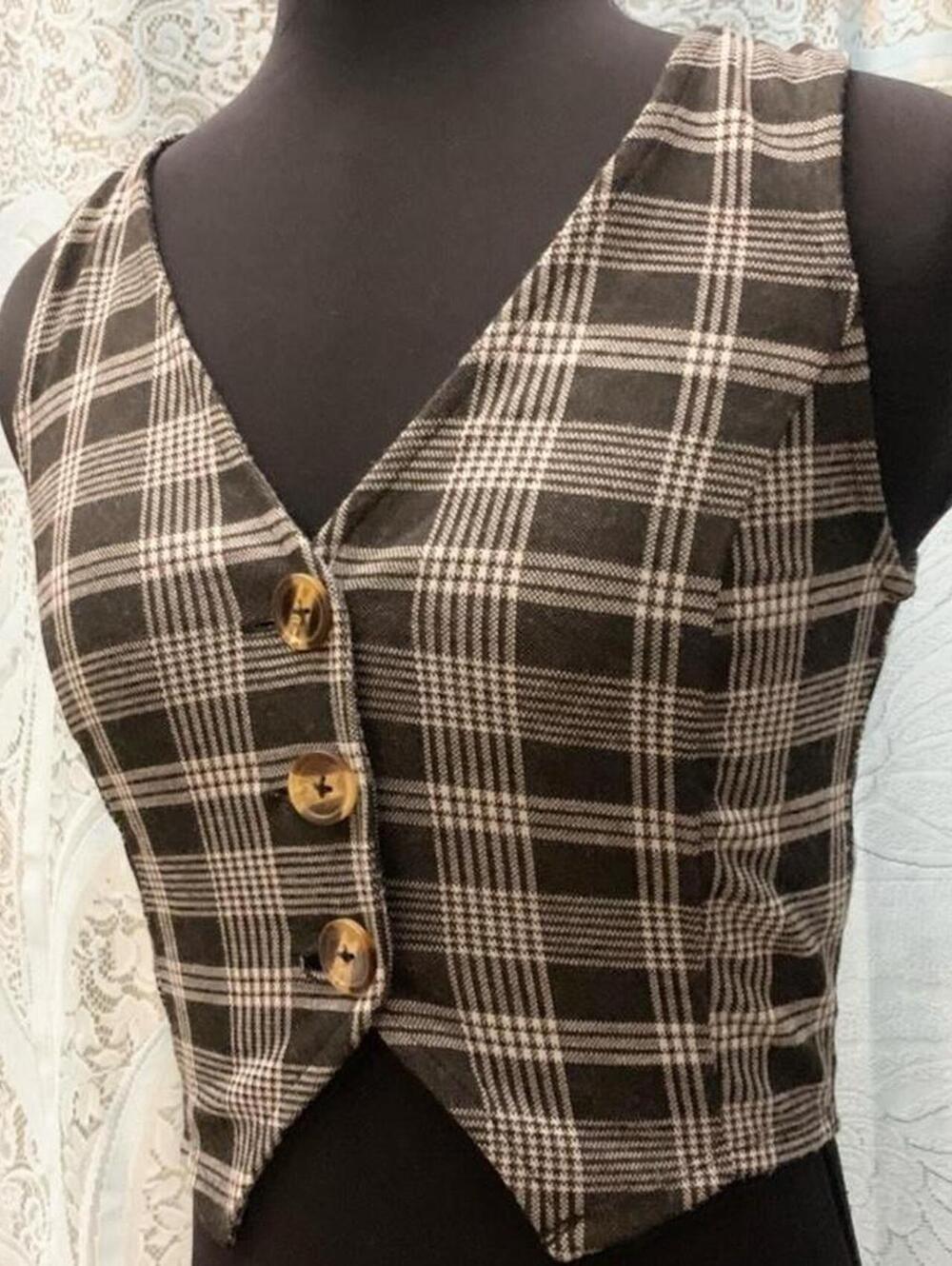 Plaid Button Up Crop Fitted Vest Top Brown Plaid V-Neck Sleeveless Waistcoat